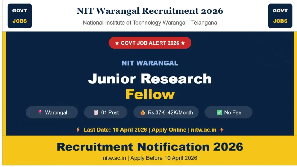 NIT Warangal Jobs 2026 Telangana – Junior Research Fellow, 01 Post, Salary Rs.37K–42K, Apply Online Before 10 April 2026