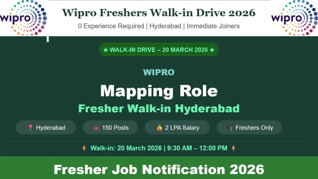 Wipro Freshers Walkin Hyderabad 2026 – Mapping Role, 150 Posts, Walk-in on 20th March 2026