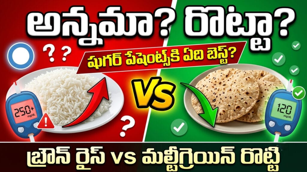 Rice vs Roti for diabetes comparison – brown rice, whole wheat roti, portion control for blood sugar management.