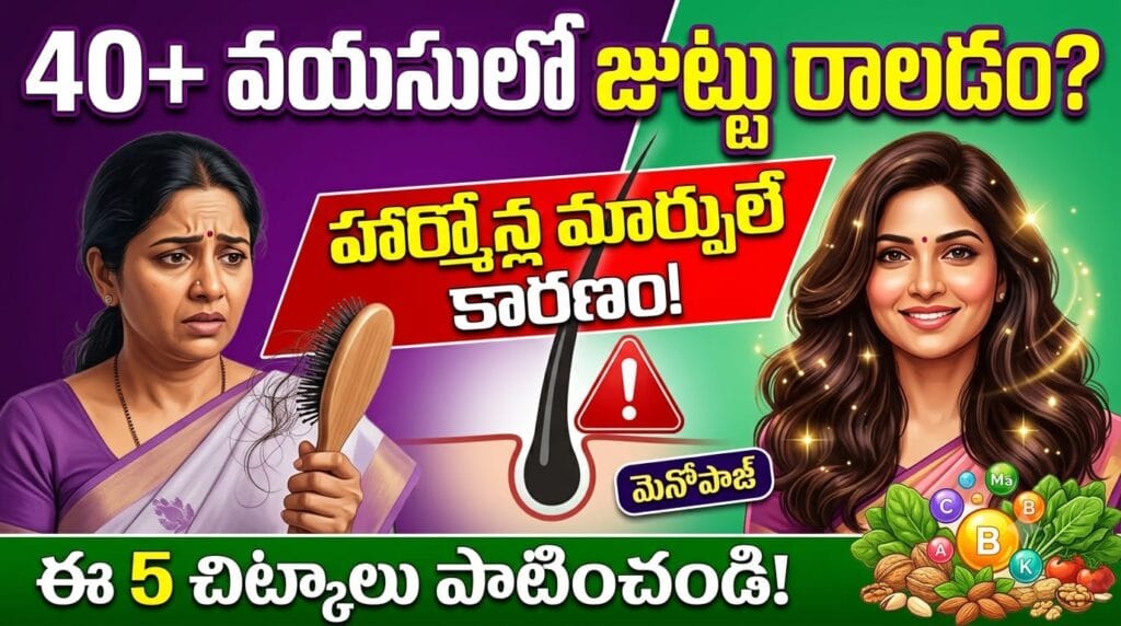 Hair fall causes in women over 40 – hormonal changes, nutrition tips, and healthy hair care routine for middle-aged women.