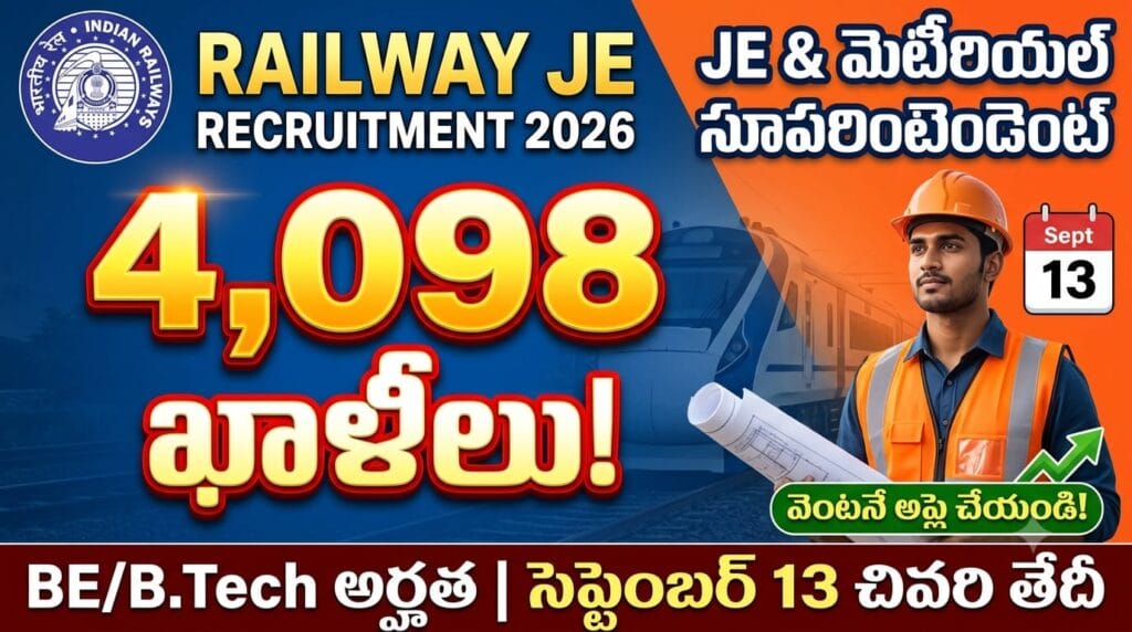 railway je recruitment 2026 – indian railways 4098 junior engineer material superintendent posts be btech eligible apply online