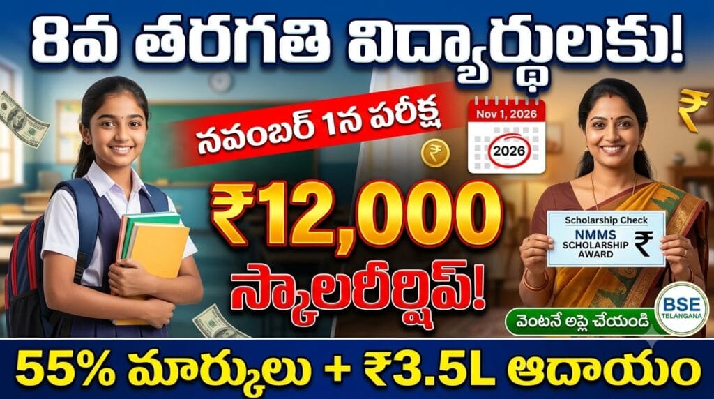NMMSS Exam 2026 - National Means-cum-Merit Scholarship for 8th class students. ₹12,000 annual scholarship, eligibility, and application details.