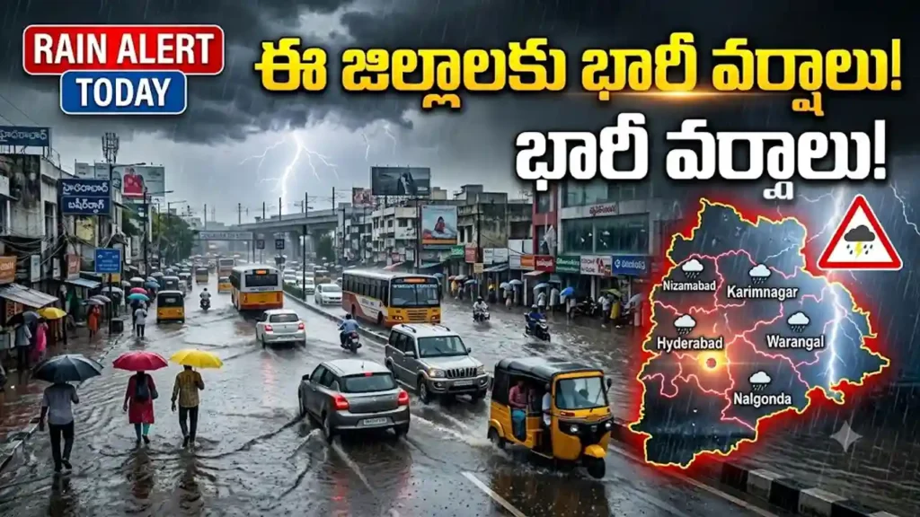 Heavy rainfall alert over Telangana districts with dark clouds and monsoon rain