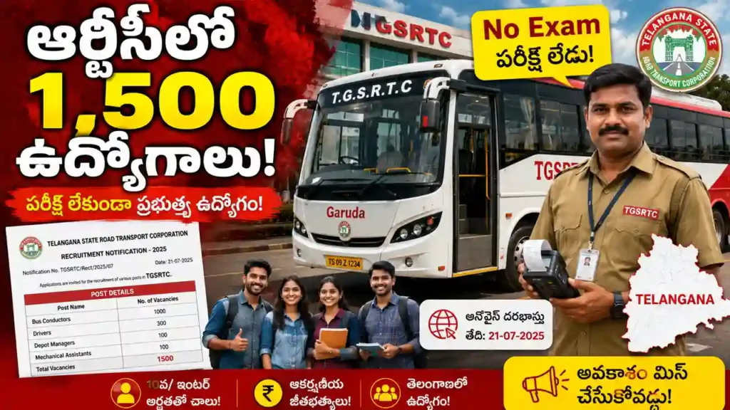 TGSRTC announces recruitment for 1500 permanent conductor posts with selection based on SSC marks and no written examination.