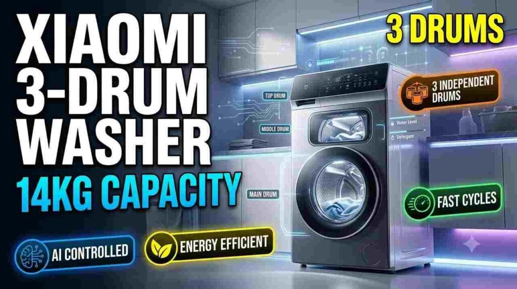 Xiaomi 3-Drum Washing Machine - 14kg capacity, triple independent drums, and AI Mijia Lingyun controls.
